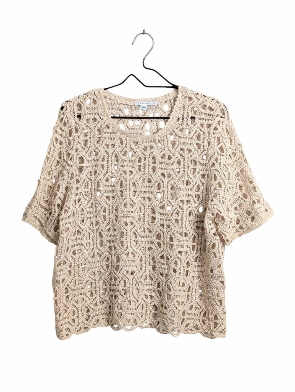 Chico's Cotton Beige Short Sleeve Crochet Top Size L See Through Coastal Grandma